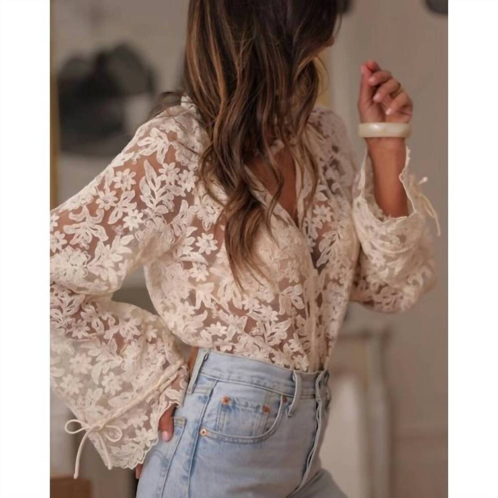 NEW ROSA CLOTHING women's boho lace floral sheer blouse in beige - Picture 2 of 4